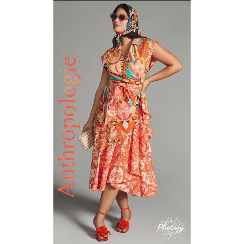 By Anthropologie V-Neck Tiered Wrap Midi Dress Feminine Dopamine